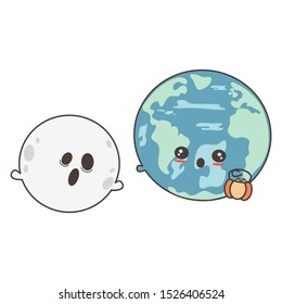 cute cartoon halloween funny vector illustration with planet earth and ghost moon 