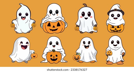 Cute cartoon Halloween ghost carrying pumpkin Jack-o'-lantern.