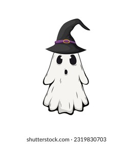 Cute cartoon Halloween ghost with hat. Funny spooky creatures.Vector illustration