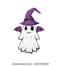 Cute cartoon Halloween ghost with hat and devil wings. Funny spooky creatures.Vector illustration