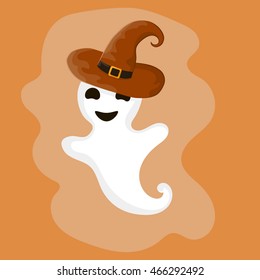 Cute cartoon  halloween ghost in a hat. Vector illustration.