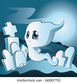 Cute Cartoon Halloween Ghost On Cemetery At Night.