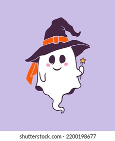 Cute cartoon Halloween Ghost with witchs hat. Vector illustration