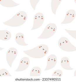 Cute Cartoon Halloween ghosts - vector seamless pattern. Halloween character in flat style, pastel color