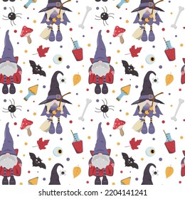 Cute Cartoon Halloween Gnome-Zeichen Muster. Vampire in einem Umhang, Hexe mit Besen, rote und gelbe Tränke, Amanita und andere. Schöner Ferienhintergrund.