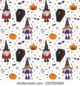 Cute cartoon Halloween gnome characters pattern. Vampire, witch, pumpkin lanterns, bat monsters. Spooky holiday background.