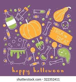 cute cartoon halloween greeting card template with holiday treats, pumpkins and trick or treat text message on purple background. can be used for greeting cards and party invitations