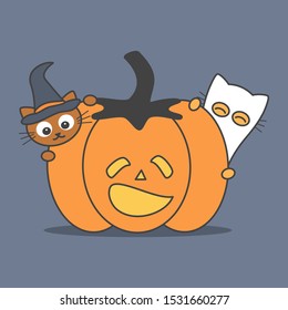 cute cartoon halloween illustration with pumpkin and cats funny holidays vector card