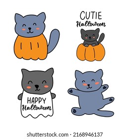 Cute cartoon halloween kitty. Pumpkin cat. Gnost cat. Spooky kids funny autumn holidays design element.