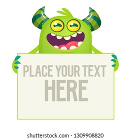 Cute cartoon Halloween monster holding a large sign with sample text on it