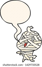 cute cartoon halloween mummy with speech bubble in comic book style