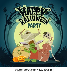 Cute cartoon halloween music band playing at halloween party in the night forest. Mummy, skeleton and monster playing music. Halloween party design template. Vector illustration