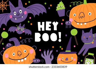 Cute cartoon Halloween prints in doodle style. Vector Halloween party illustrations with awesome characters, pumpkins, stars, spider, bat