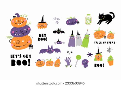 Cute cartoon Halloween prints in doodle style. Vector Halloween party illustrations with awesome characters, pumpkins, stars, spider, bat