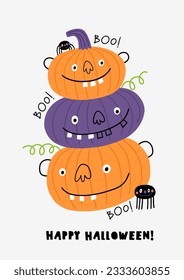 Cute cartoon Halloween prints in doodle style. Vector Halloween party illustrations with awesome characters, pumpkins, stars, spider, bat