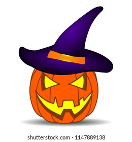 Cute Cartoon Halloween Pumpkin with funny face, isolated on white background for your Design, Game, Card. Violet Witch Hat on Pumpkin. Jack-O-Lantern. Wizard Hat. Vector Illustration.