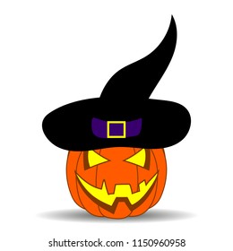 Cute Cartoon Halloween Pumpkin with funny face, isolated on white background for your Design, Game, Card. Violet Witch Hat on Pumpkin. Jack-O-Lantern. Wizard Hat. Vector Illustration.