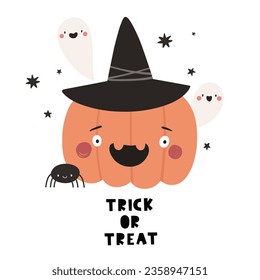 Cute cartoon Halloween, pumpkin and ghosts. Halloween characters vector in flat style.