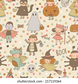 Cute cartoon Halloween seamless pattern made of children in holiday costumes: princess, ghost, pumpkin, spider, dragon, devil, witch, vampire, cat