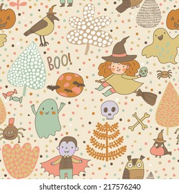 Cute cartoon Halloween seamless pattern made of children in holiday costumes and holiday symbols in vector