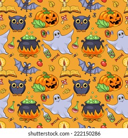 Cute cartoon Halloween seamless pattern. Vector background.