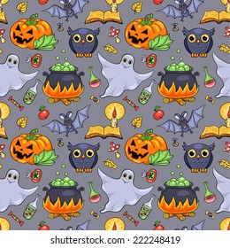 Cute cartoon Halloween seamless pattern. Vector background.