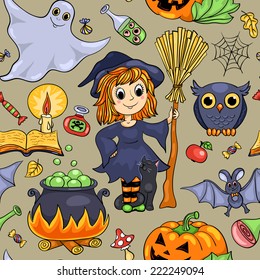 Cute cartoon Halloween seamless pattern. Vector background.