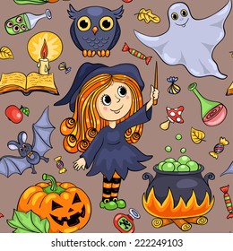 Cute cartoon Halloween seamless pattern. Vector background.