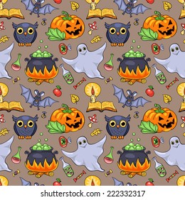 Cute cartoon Halloween seamless pattern. Vector background.