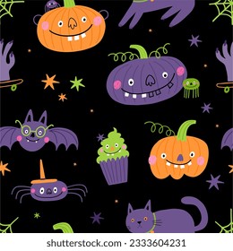 Cute cartoon Halloween seamless pattern in doodle style. Vector Halloween party illustrations with awesome characters, pumpkins, stars, spider, bat