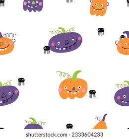 Cute cartoon Halloween seamless pattern in doodle style. Vector Halloween party illustrations with awesome characters, pumpkins, stars, spider, bat