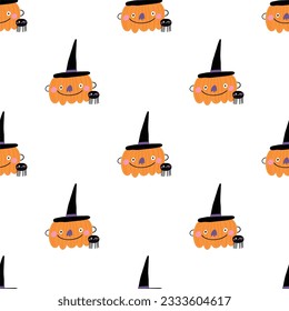 Dibujo de Halloween sin fisuras en estilo doodle. Ilustraciones del partido Vector Halloween con personajes impresionantes, calabazas, 