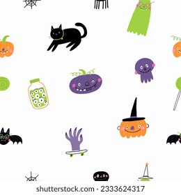 Cute cartoon Halloween seamless pattern in doodle style. Vector Halloween party illustrations with awesome characters, pumpkins, stars, spider, bat