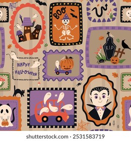 Cute cartoon Halloween seamless pattern design with portraits of Dracula, ghosts, haunted house, black cat, pumpkin, RIP stone. Print hand drawn postage stamps on wallpaper. Vector repeat background.