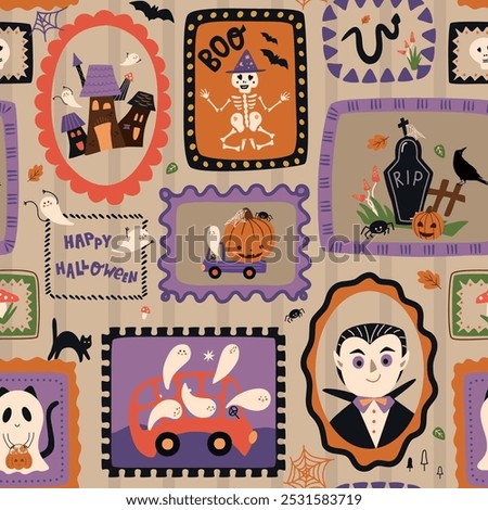 Cute cartoon Halloween seamless pattern design with portraits of Dracula, ghosts, haunted house, black cat, pumpkin, RIP stone. Print hand drawn postage stamps on wallpaper. Vector repeat background.