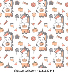 cute cartoon halloween seamless vector pattern background illustration with unicorns, pumpkins, donuts and candies