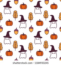 cute cartoon halloween seamless vector pattern background illustration with ghosts, pumpkins, leaves and acorns