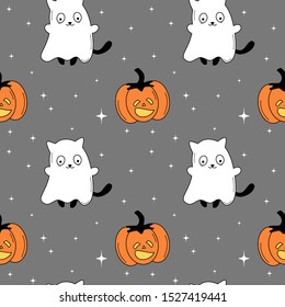 cute cartoon halloween seamless vector pattern background illustration with cat ghost and pumpkin 