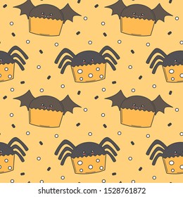 cute cartoon halloween seamless vector pattern background illustration with spider and bat cupcakes 