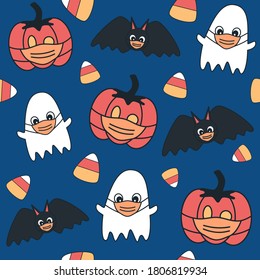 Cute cartoon halloween seamless vector pattern background illustration with ghost, pumpkin and bats with protective face mask