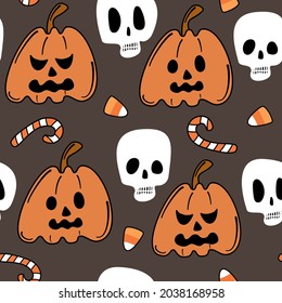 Cute cartoon halloween seamless vector pattern background illustration with pumpkins, candies and skulls 