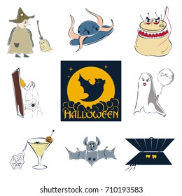 Cute cartoon Halloween set of pictures. Vector illustration