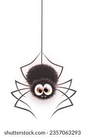 Cute cartoon Halloween smiling funny spider hanging on web