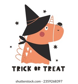 Cute cartoon Halloween unicorn. Cute children's illustration, trick or treat.