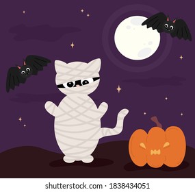 Cute cartoon halloween vector background illustration with mummy cat, pumpkin and bats	
