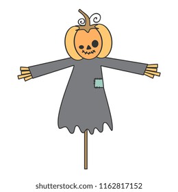 cute cartoon halloween vector illustration with pumpkin scarecrow isolated on white background
