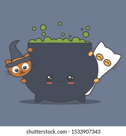 cute cartoon halloween vector illustration with witch cauldron and funny cats  