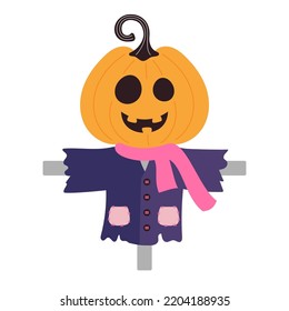 cute cartoon halloween vector illustration with pumpkin scarecrow isolated on white background, flat style