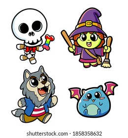 Cute Cartoon Halloween Werewolf Witch Skeleton Bat