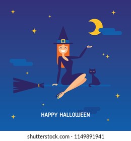 Cute cartoon halloween witch with cat flying on broom night vector illustration